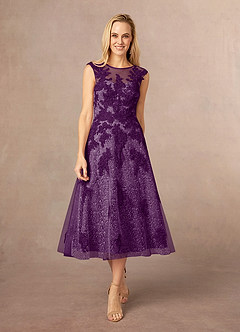 Azazie Flynn vestidos de madre de la novia Vestido de Uva de Tul de Corte En A con Cuello barco encaje image1