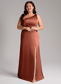 Azazie Phaedra Vestidos de damas de honor Vestido de Arcilla de Satén Elástico de Corte en A con Hombro unilateral image6