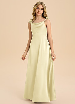Azazie Gumdrop Junior Lemon Sorbet Empire Pleated Stretch Satin Dress image3