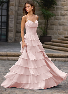 Floralace Powder Pink Ruffled A-line Prom Dress image4