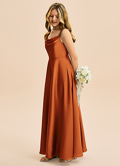 Azazie Isolde Junior Vestido de Canela de Satén Elástico de Corte en A con Plisado image3