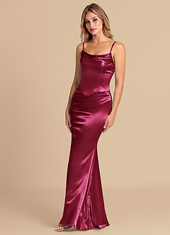 Azazie Sorrel Vestidos de damas de honor Vestido de Borgoña de Satén Metálico de Corte Sirena Convertible con Corsé image4