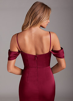 Azazie Saige Bridesmaid Dresses Burgundy Mermaid Off the Shoulder Stretch Satin Dress image6