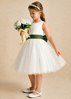 Azazie Sosie Flower Girl Dresses Ivory Olive A-Line Pleated Tulle Dress image3