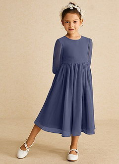 Azazie Lolo Robe Demoiselle D'honneur Fillette Robe Trapèze en Mousseline de soie avec manches Bleu Orageux image2