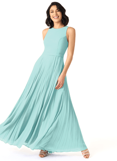 Azazie Lindie Bridesmaid Dresses Aqua A-Line Scoop Pleated Chiffon Dress image3