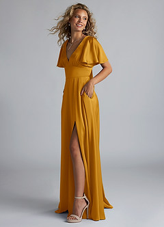 Azazie Kimber Bridesmaid Dresses Butterscotch A-Line Ruched Stretch Satin Dress image6