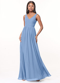Azazie Keyla Bridesmaid Dresses Steel Blue A-Line V-Neck Pleated Chiffon Dress image1