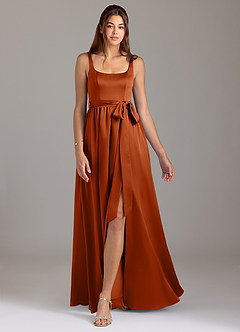 Azazie Elliott Bridesmaid Dresses Burnt Orange A-Line with Pockets Stretch Satin Dress image5