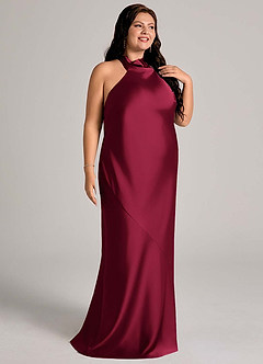 Azazie Velli Bridesmaid Dresses Burgundy Mermaid High Neck Stretch Satin Dress image10