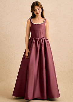 Azazie Enid Girls Formal Blumenmädchenkleider A-Linie Mit Perlen Stretch-Satin Kleid Merlot image5