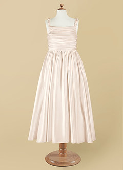 Azazie Cutie Pie Flower Girl Dresses White Alabaster A-Line Pleated Matte Satin Dress image7