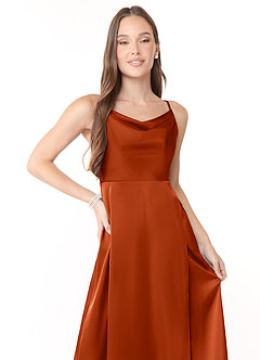 Azazie Naomie Bridesmaid Dresses Paprika A-Line Cowl Neckline Side Slit Stretch Satin Dress image5