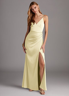 Azazie Shania Final Sale Lemon Sorbet Sheath V-Neck Pleated Stretch Satin Dress image1