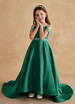 Azazie Jodi Blumenmädchenkleider A-Linie Matte Satin Kleid Smaragd image5