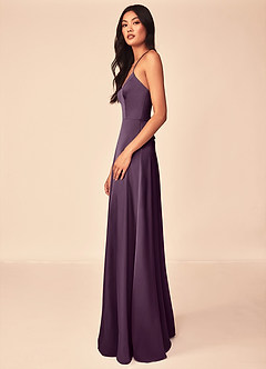 Azazie Mei Robes de demoiselle d'honneur Robe Trapèze en Satin extensible Col en V Prune image4