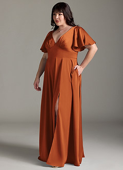 Azazie Kimber Bridesmaid Dresses Cinnamon A-Line Ruched Stretch Satin Dress image10