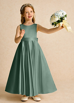 Azazie Cherry Flower Girl Dresses Eucalyptus Eucalyptus Ball-Gown Pleated Matte Satin Dress image2