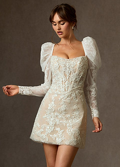 Azazie Winter Wedding Dresses Diamond White Nude A-Line Strapless Lace Dress image1