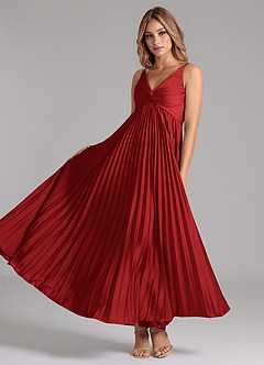 Azazie Raychelle Bridesmaid Dresses Pomegranate A-Line Pleated Stretch Satin Dress image2