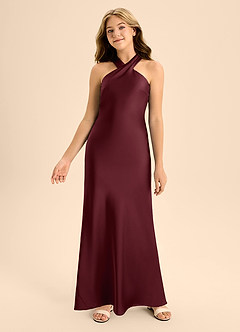 Azazie Doretta Junior Cabernet A-Line Pleated Stretch Satin Dress image4