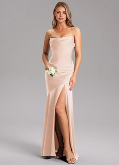 Azazie Grata Bridesmaid Dresses Blushing Pink Sheath Side Slit Stretch Satin Dress image1