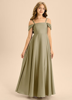 Azazie Rowena Junior Vestido de Musgo Verde de Satén Elástico de Corte en A con Lazo image3