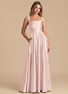 Azazie Shaude 신부 들러리 드레스 A라인 주름진 메탈릭 새틴 바닥 길이 드레스 image1