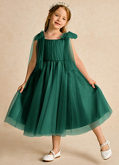 Azazie Dori Robe Demoiselle D'honneur Fillette Robe Trapèze en Tulle Rayé émeraude image4
