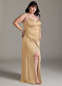 Azazie Marchella Bridesmaid Dresses Gold A-Line Corset Stretch Satin Dress image9