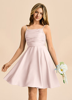 Azazie Miko Junior A-Line Plisseret Stræk satin Mini Junior brudepige Kjole image1