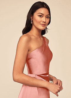 Azazie Maron Bridesmaid Dresses Coral A-Line One Shoulder Stretch Satin Dress image5