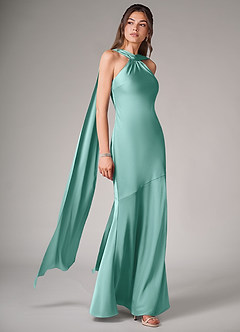 Azazie Kinsley Vestidos de damas de honor Vestido de Aqua de Satén Elástico de Corte Sirena con Corte Lateral image3