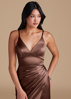 Azazie Shania At-home Try On Dresses Auburn Sheath Pleated Metallic Satin Dress image3