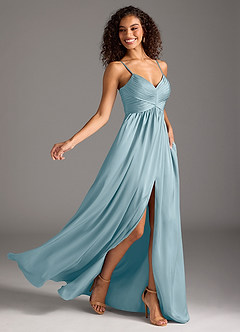 Azazie Alia Bridesmaid Dresses Moody Blue A-Line Pleated Stretch Satin Dress image2