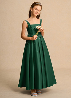 Azazie Mochi Girl Jurken voor bloemenmeisjes Baljurk Jurk van Mat Satijn Geplooid Donkergroen image4