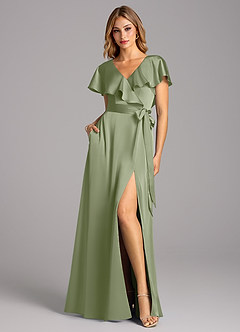 Azazie Lainey Bridesmaid Dresses Pistachio A-Line with Pockets Stretch Satin Dress image3