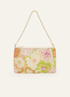 front Sequin Embroidered Floral Pearl Strap Shoulder Bag