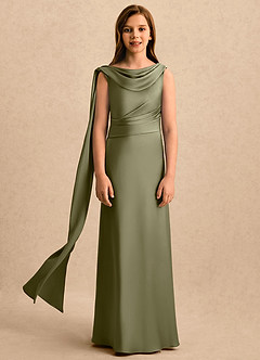 Azazie Sanah Girls Formal Robe Demoiselle D'honneur Fillette Robe Trapèze en Satin extensible Plissée Pistache image4
