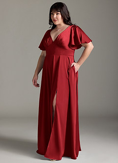 Azazie Kimber Bridesmaid Dresses Scarlet A-Line Ruched Stretch Satin Dress image10