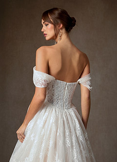 Azazie Justice Wedding Dresses Diamond White Champagne Ball-Gown Off the Shoulder Lace Dress image6