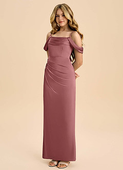 Azazie Saige Junior Amethyst Sheath Off the Shoulder Stretch Satin Dress image1
