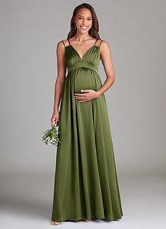 Azazie Emree Maternity Bridesmaid Dresses A-Line Stretch Satin Floor-Length Dress with Pockets image1