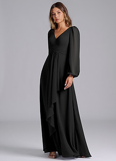 Azazie Liah Bridesmaid Dresses Black A-Line Long Sleeve Chiffon Dress image4