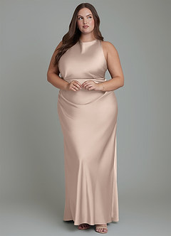 Azazie Evadne Vestidos de damas de honor Vestido Rosa Inglesa de Satén Elástico de Corte Recto con Plisado image4