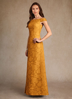 Azazie Moore Mother of the Bride Dresses Butterscotch A-Line Boatneck Floral Burnout Dress image4
