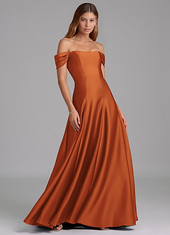 Azazie Seriana Bridesmaid Dresses Cinnamon A-Line Off the Shoulder Stretch Satin Convertible Dress image4