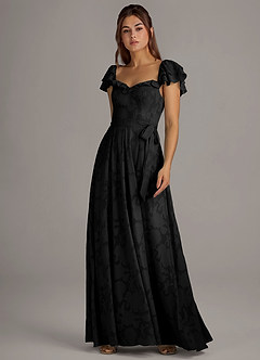 Azazie Aricella Vestidos de damas de honor Vestido de Negro de Devorado Floral de Corte en A con Corsé image3