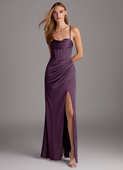 Azazie Brookelle Bridesmaid Dresses Plum Sheath Sweetheart Corset Stretch Satin Dress image2