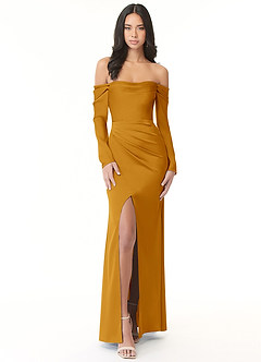 Azazie Hallie Vestidos de damas de honor Vestido de Caramelo de Satén Elástico de Corte Recto Convertible con Manga larga con hombros descubiertos image3